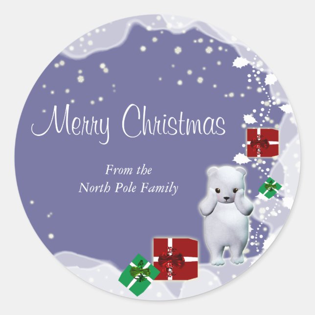 Polar bear christmas greeting elegant classic round sticker (Front)
