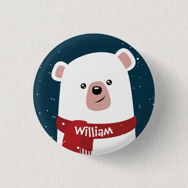 Polar Bear Christmas New Year's Personalized 1 Inch Round Button (Front)