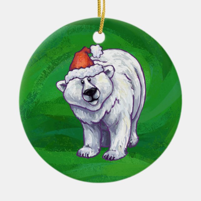 Polar Bear Christmas On Green Ceramic Ornament (Front)