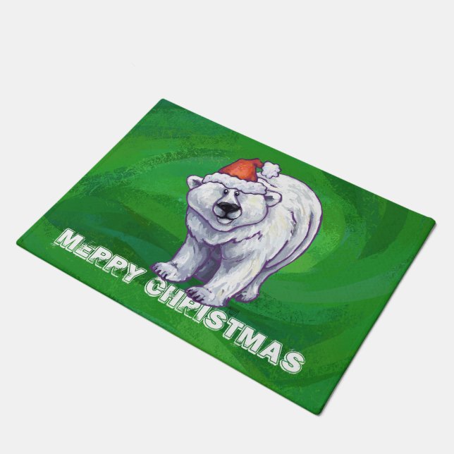 Polar Bear Christmas On Green Doormat (Angled)