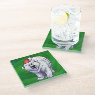 Polar Bear Christmas On Green Glass Coaster