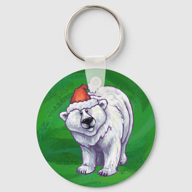 Polar Bear Christmas On Green Keychain (Front)