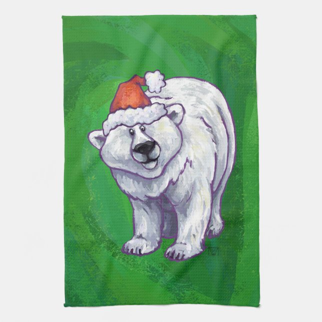 Polar Bear Christmas On Green Kitchen Towel (Vertical)