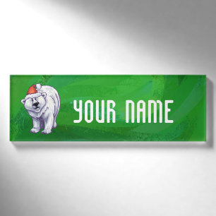Polar Bear Christmas On Green Name Tag