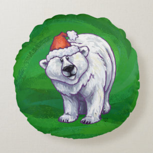 Polar Bear Christmas On Green Round Pillow