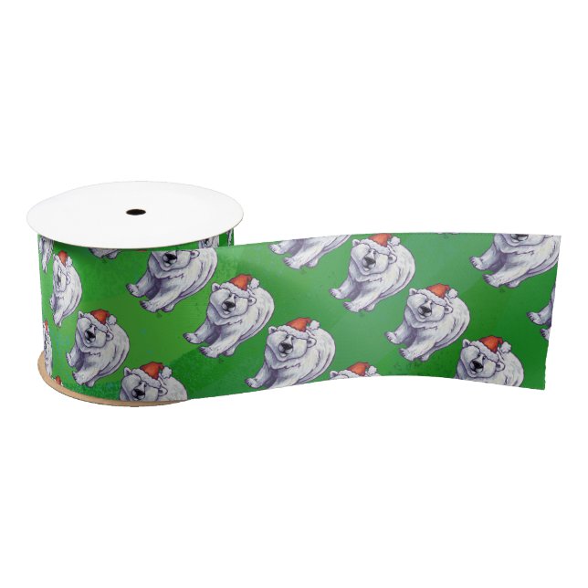 Polar Bear Christmas On Green Satin Ribbon (Spool)