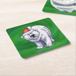 Polar Bear Christmas On Green Square Paper Coaster