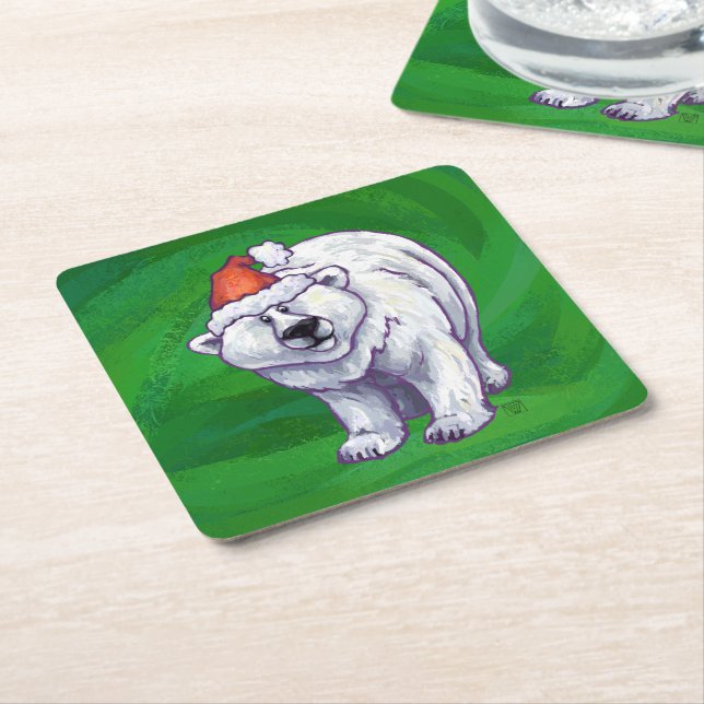 Polar Bear Christmas On Green Square Paper Coaster (Angled)