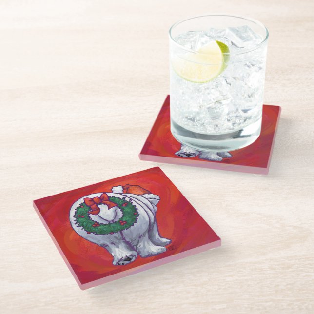Polar Bear Christmas On Red Glass Coaster (Angled)