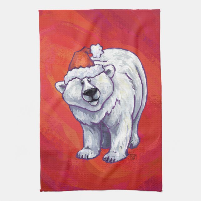 Polar Bear Christmas On Red Kitchen Towel (Vertical)