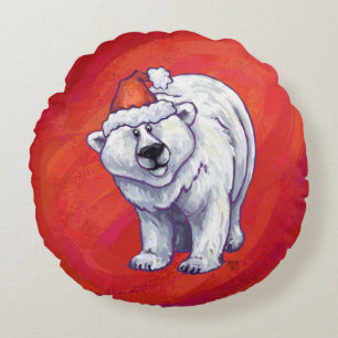 Polar Bear Christmas On Red Round Pillow