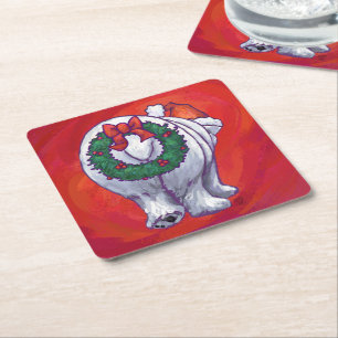 Polar Bear Christmas On Red Square Paper Coaster