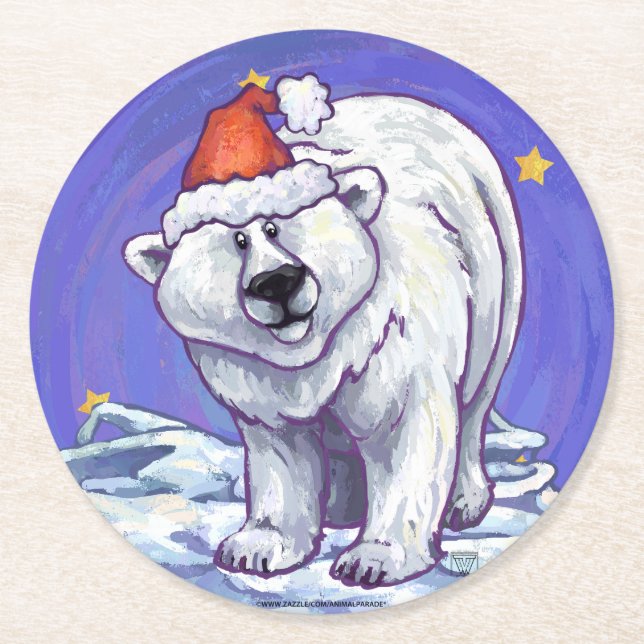 Polar Bear Christmas Round Paper Coaster (Front)