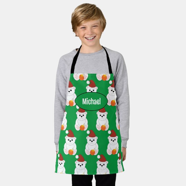 Polar bear Christmas Santa cute green Your name Apron (Worn)