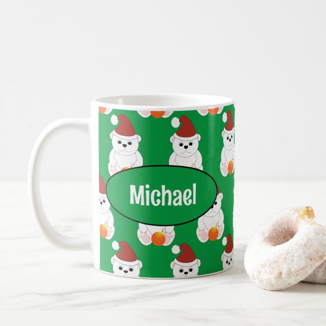 Polar bear Christmas Santa cute green Your name Coffee Mug (With Donut)