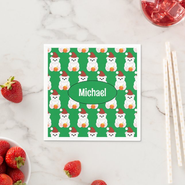 Polar bear Christmas Santa cute green Your name Napkin (Insitu)