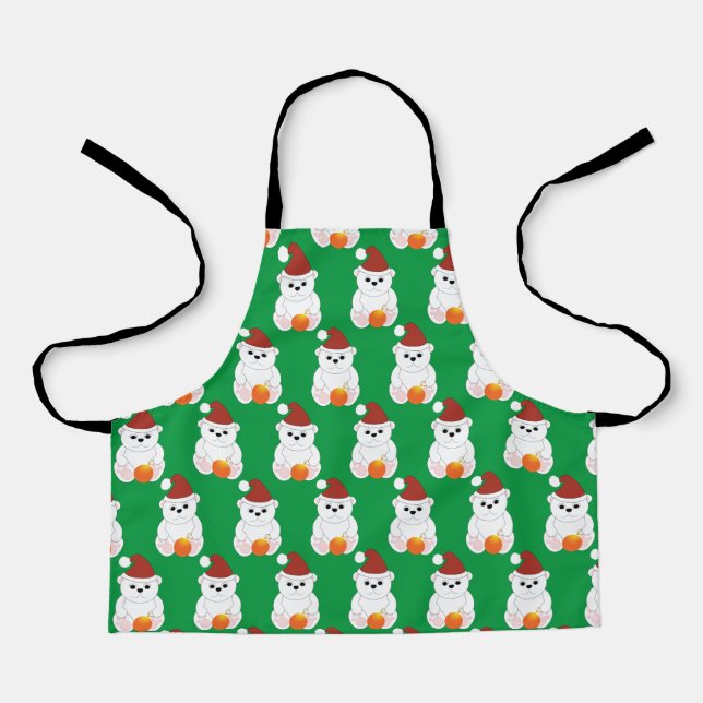 Polar bear Christmas Santa hat cute pattern green Apron (Front)