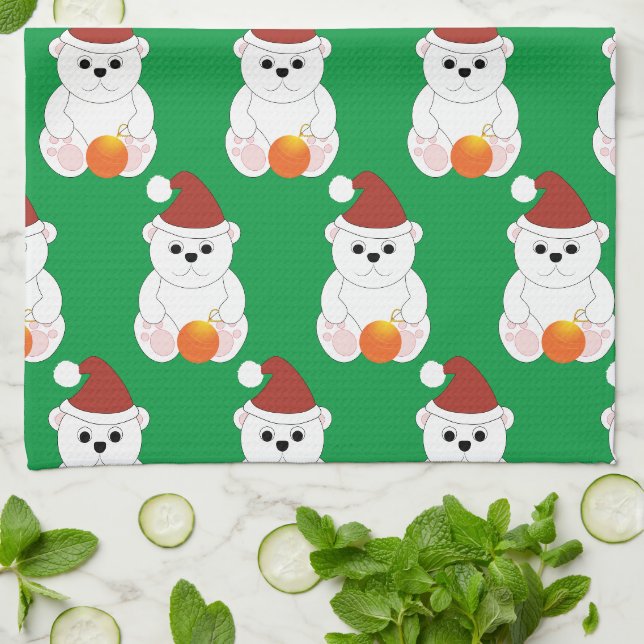 Polar bear Christmas Santa hat cute pattern green Kitchen Towel (Folded)