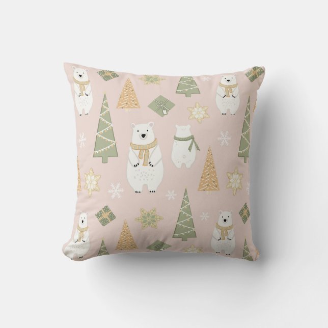 Polar Bear Christmas Trees and Cookies Rose Throw Pillow (Front)