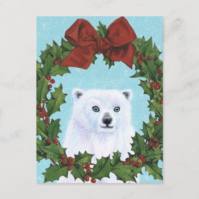 Polar Bear Christmas Wreath Holiday post card (Front)