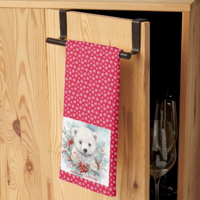 Polar Bear Cub Add Name Snow Red Kitchen Towel (Thirds Fold)