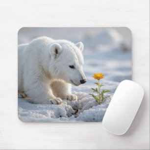 Polar Bear Cub Admiring a Daisy Mouse Pad