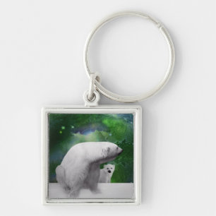 Polar Bear, cub and Northern Lights aurora Keychain