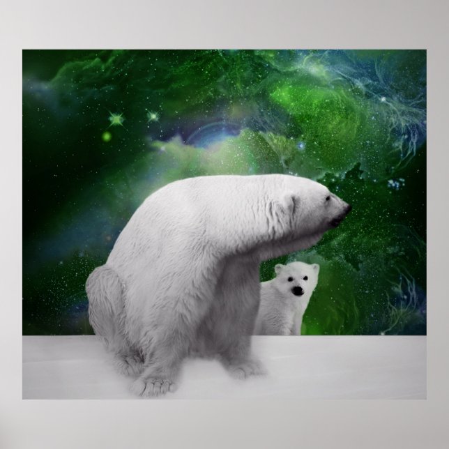 Polar Bear, cub and Northern Lights aurora Poster (Front)