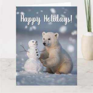 Polar Bear Cub and Snowman Holiday Design Card