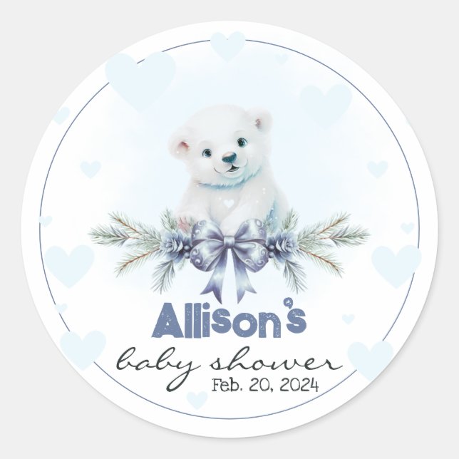 Polar Bear Cub Boy Blue Hearts Winter Baby Shower Classic Round Sticker (Front)