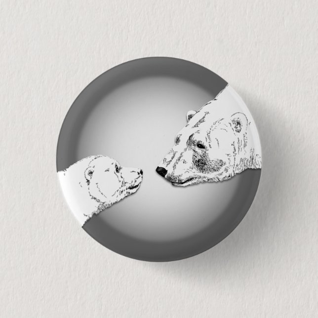 Polar Bear & Cub Button Pin Wildlife Art Button (Front)