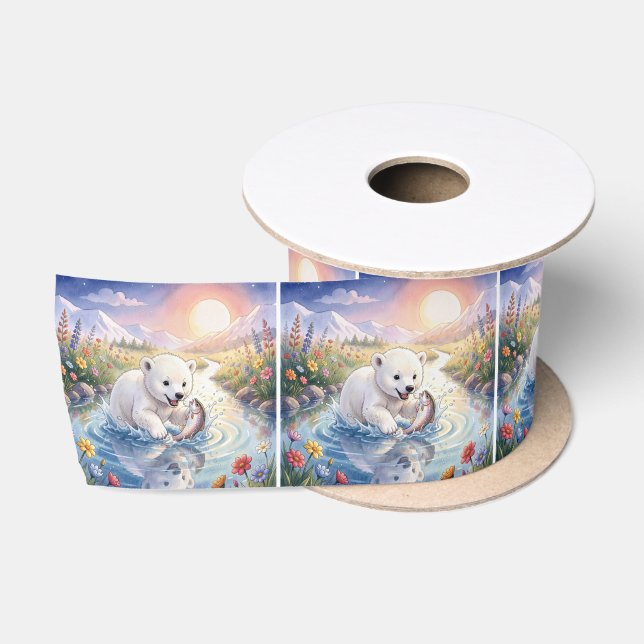 Polar Bear Cub Playing with a Fish Satin Ribbon (Spool)