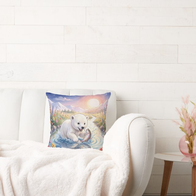 Polar Bear Cub Playing with a Fish Throw Pillow (Couch)
