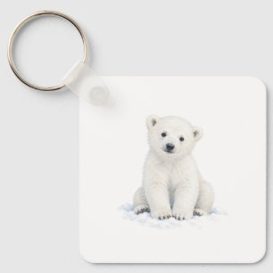Polar Bear Cub Sitting in Snow Keychain
