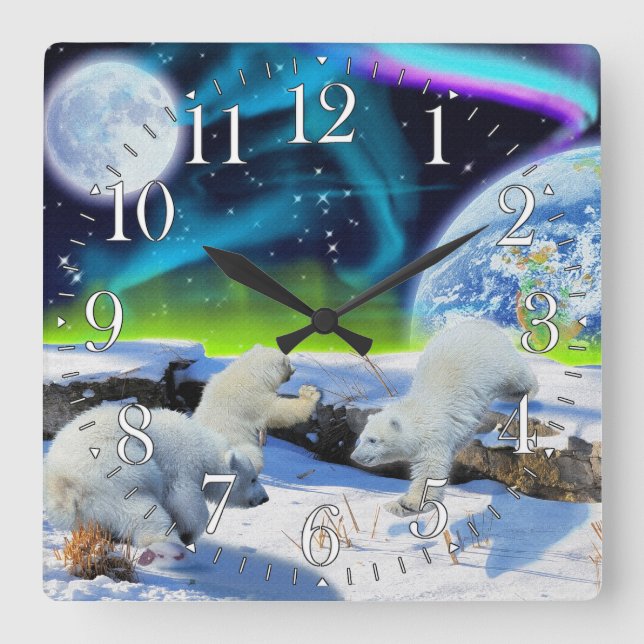 Polar Bear Cubs & Aurora Earth Day Clock (Front)