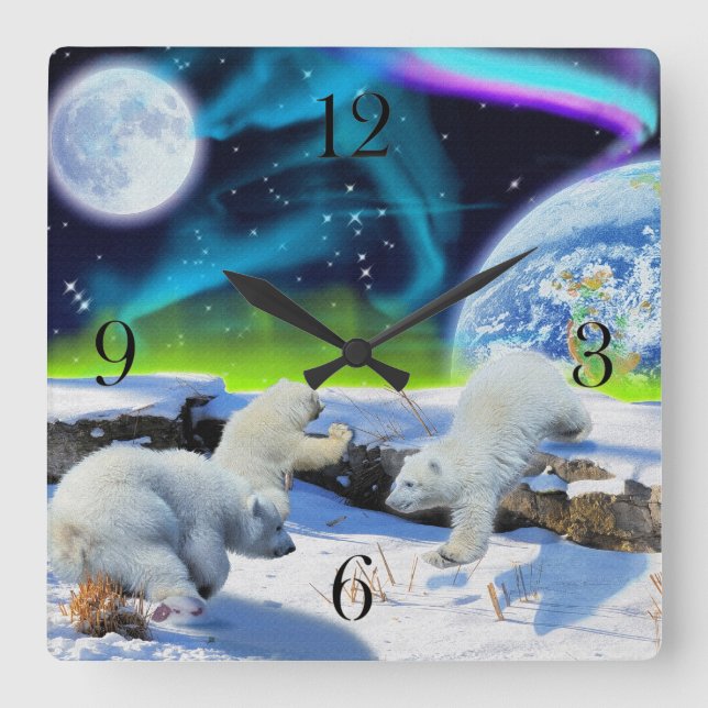 Polar Bear Cubs & Aurora Earth Day Clock (Front)