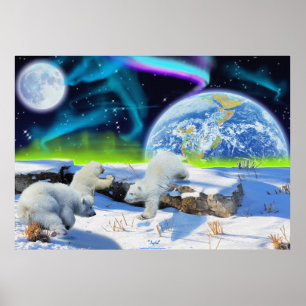 Polar Bear Cubs & Aurora Earth Day Fantasy Poster