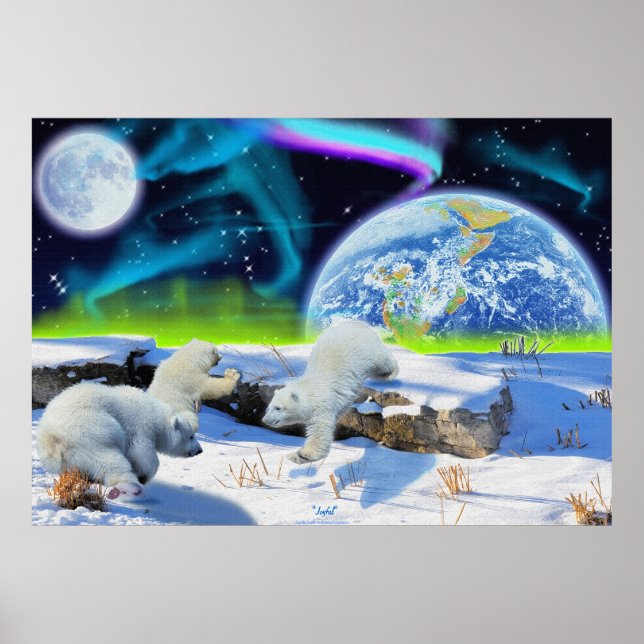 Polar Bear Cubs & Aurora Earth Day Fantasy Poster (Front)