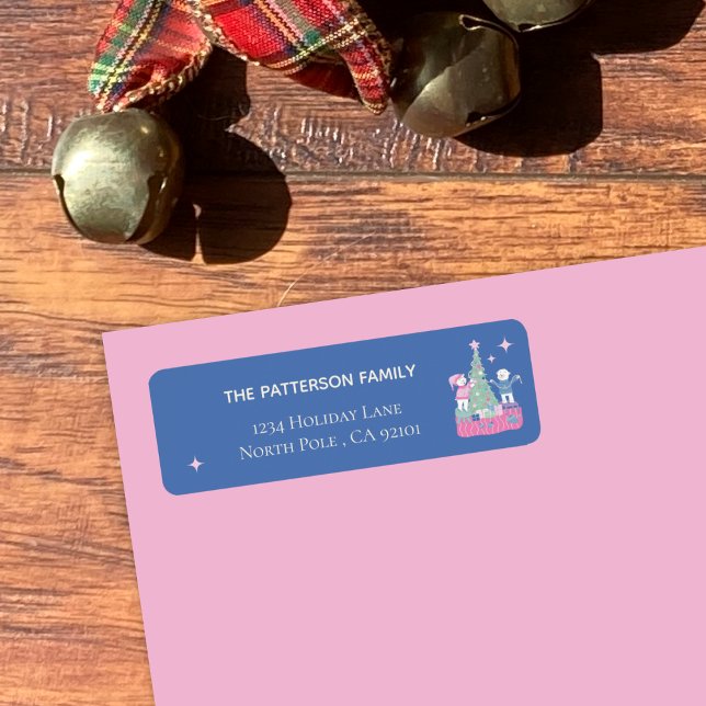 Polar Bear Cubs Decorating Tree Blue  (Return address label shown on a pink envelope . )