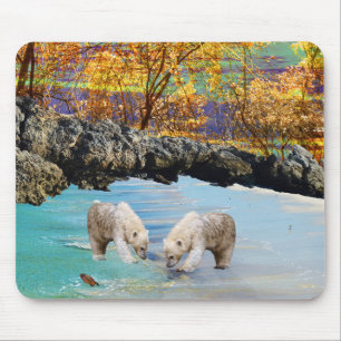 Polar Bear Cubs Fishing, Mouse Pad