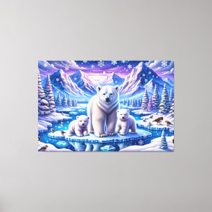 Polar Bear Cubs on Ice in Snowy Landscape Canvas Print
