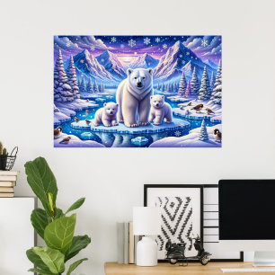 Polar Bear Cubs on Ice in Snowy Landscape Poster