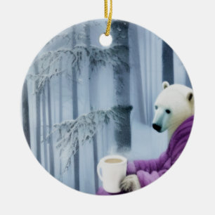 Polar Bear Drinking Coffee Ceramic Ornament