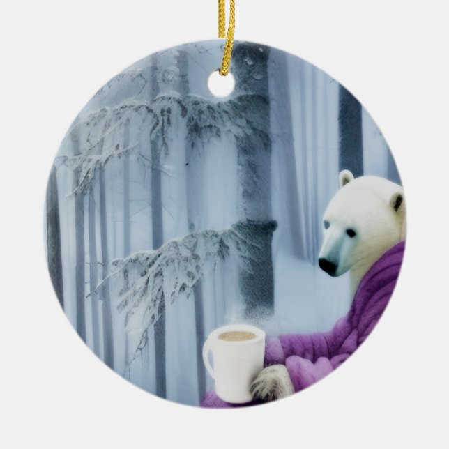 Polar Bear Drinking Coffee Ceramic Ornament (Front)