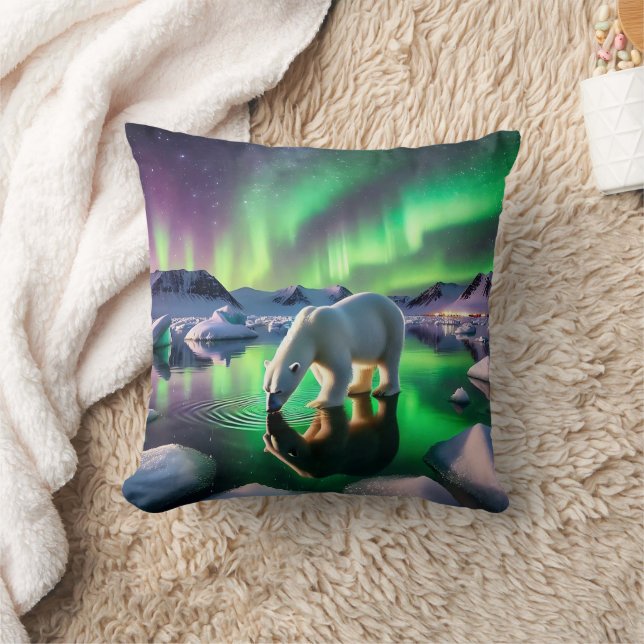 Polar Bear Drinking Water Under Aurora Borealis Throw Pillow (Blanket)