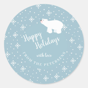 Polar bear dusty blue falling snow happy holidays classic round sticker