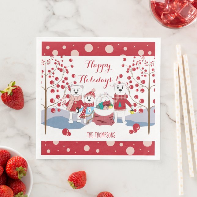 Polar Bear Family Holiday Party Paper Napkins (Insitu)