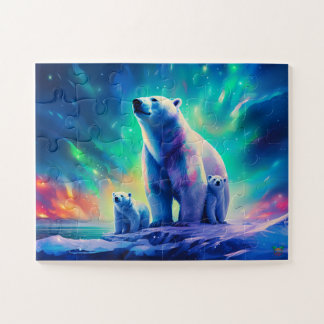 Polar Bear Family in the Aurora Jigsaw Puzzle