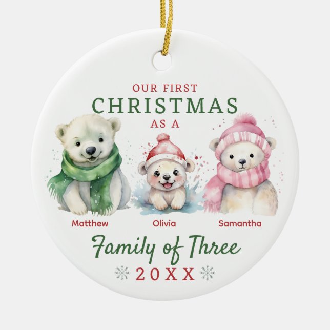 Polar Bear Family of Three First Christmas Ceramic Ornament (Front)
