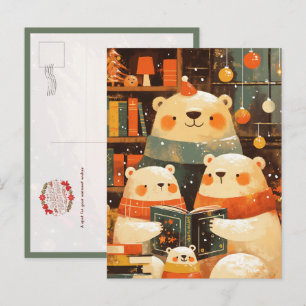 Polar Bear Family Reading Together on Christmas Postcard